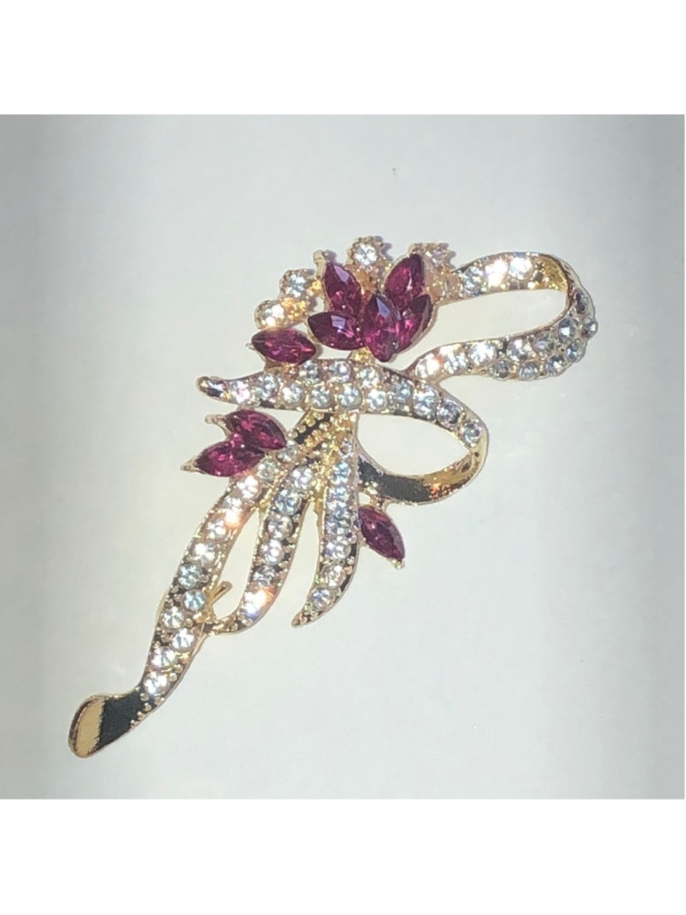 Elegant Gold Tone and Pink Rhinestone Floral Brooch - Picture 2 of 5